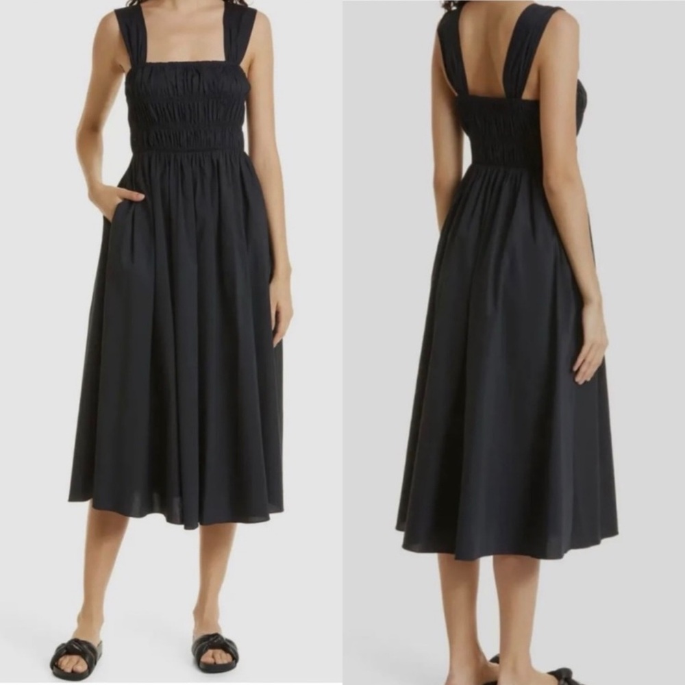 Staud Ida Smocked Midi Dress Black